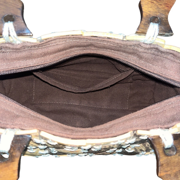 Hand Crafted Women Beige and Brown Wooden Handles Coconut Shell Clutch Bag Sz M