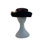 Vintage Black Wool Hat With Floral Leaf Applique & Purple Flower Accent