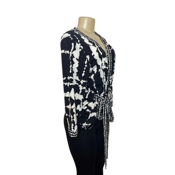 BCBGMAXAZRIA Womens Black & White Tie-Front Long Sleeve Top Sz L