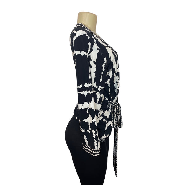 BCBGMAXAZRIA Womens Black & White Tie-Front Long Sleeve Top Sz L