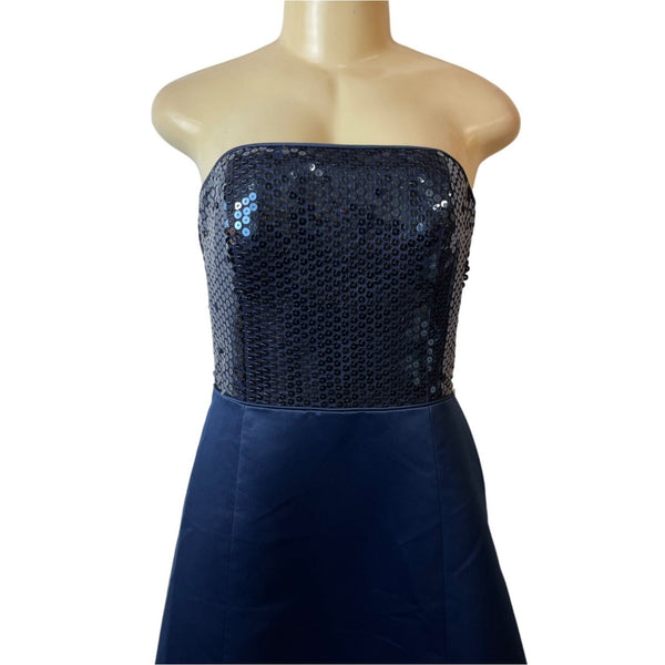 Basix II Navy Blue Sequin Bodice Strapless Gown A-Line Womens Evening Dress Sz 8