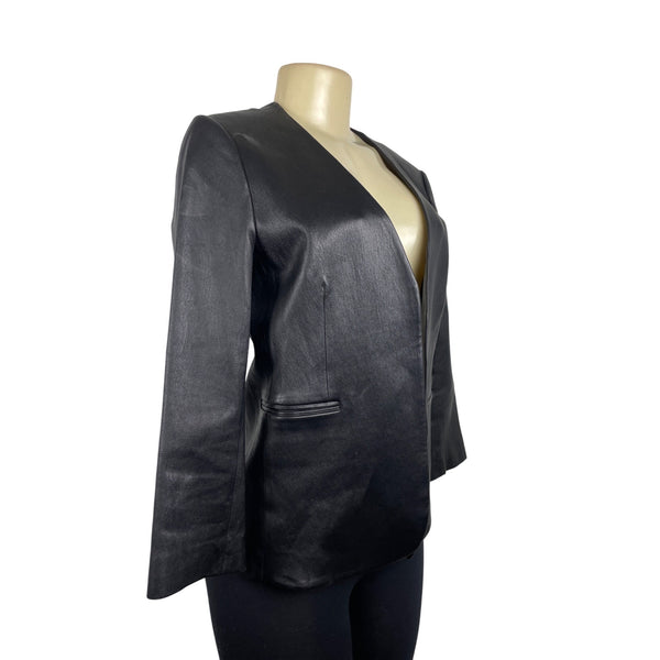 Theory Womens Black Leather Open Jacket With Pockets Sz 8