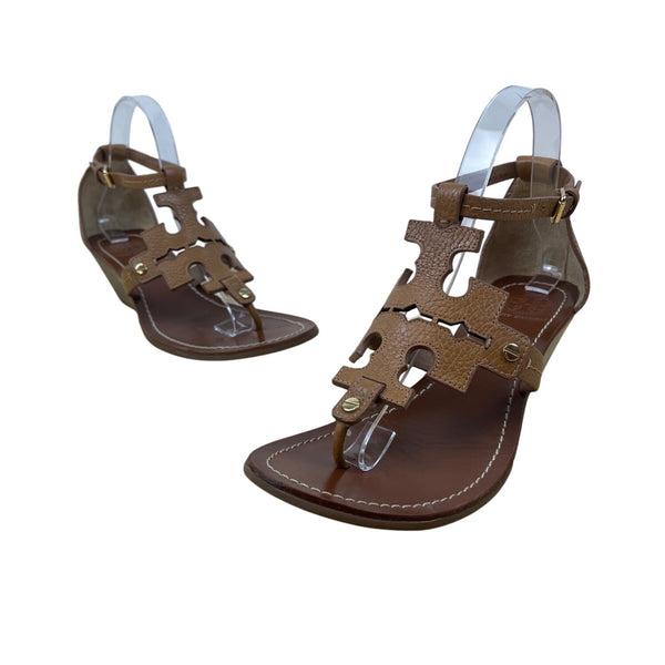 Tory Burch Women’s Brown Leather  Adjustable Ankle Strap Wedge Sandals Size 8.5M