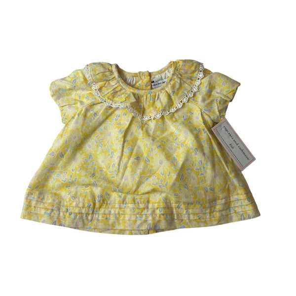 Cupcakes And Cashmere Yellow Floral Baby Dress Withh Lace Collar Sz 3-6M- New