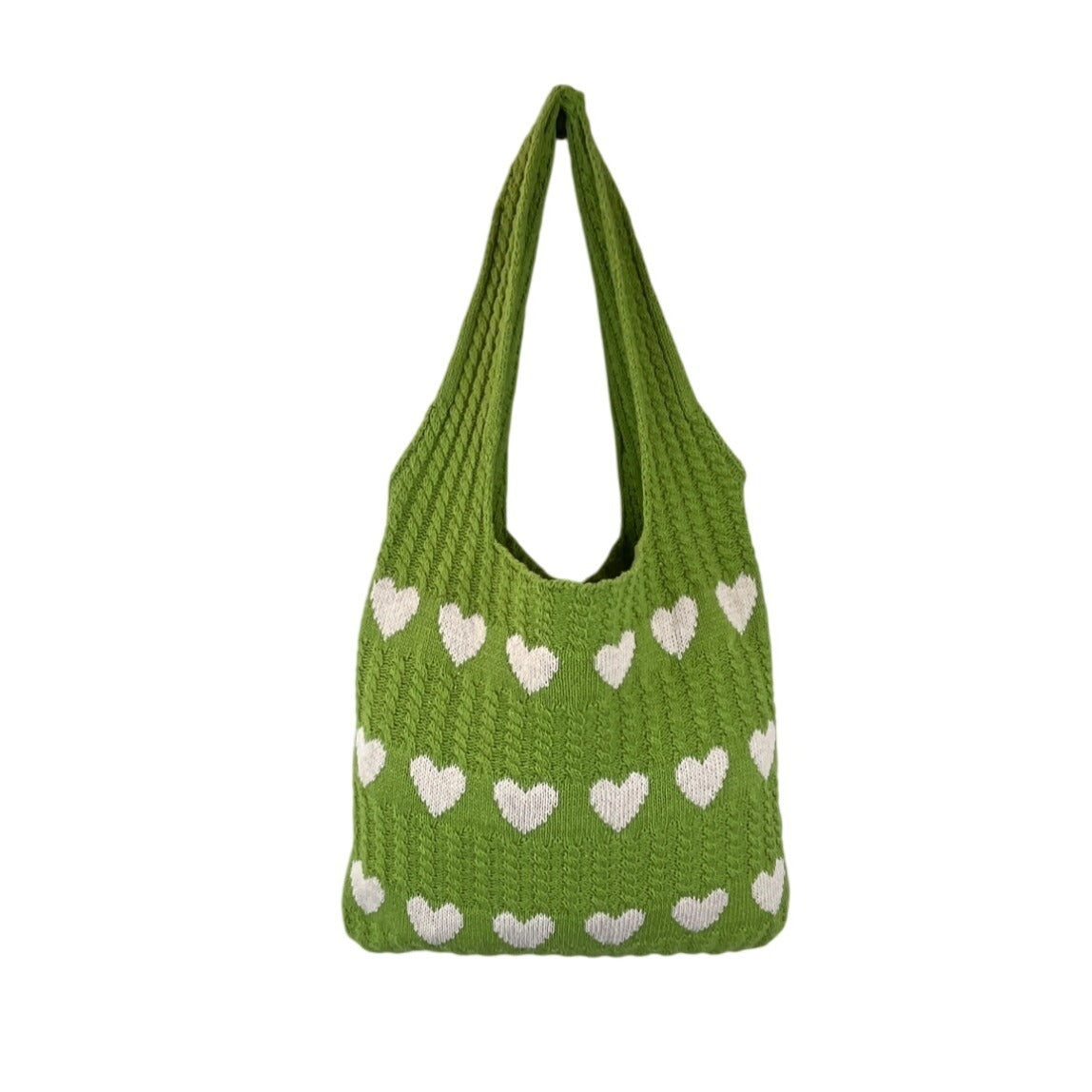 Knitted Green Tote Bag Open Top With White Heart Pattern Size M