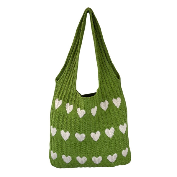 Knitted Green Tote Bag Open Top With White Heart Pattern Size M