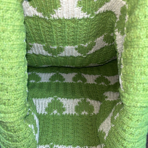 Knitted Green Tote Bag Open Top With White Heart Pattern Size M