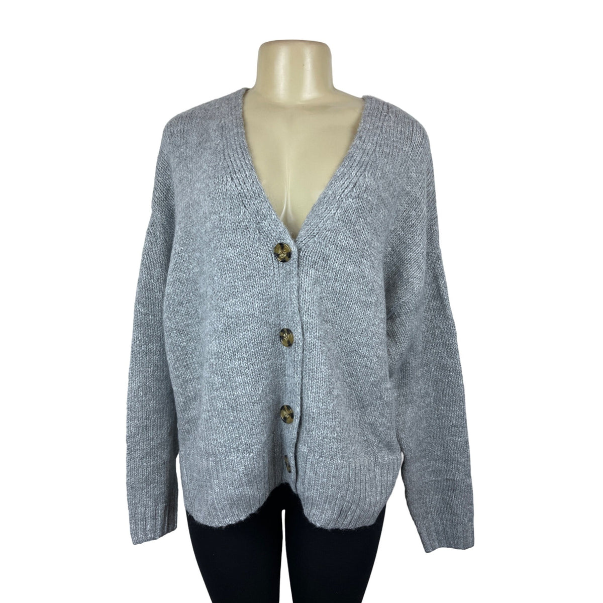 So Women's Grey V- Neck Brown Buttons Cardigan  Sweater Sz M - NWT