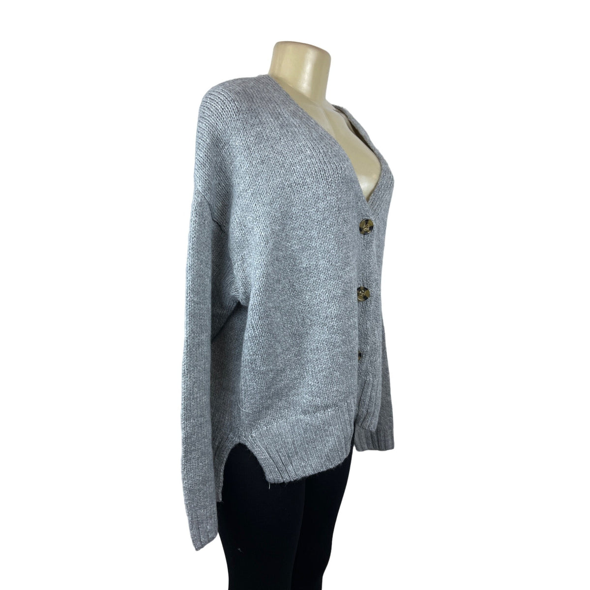 So Women's Grey V- Neck Brown Buttons Cardigan  Sweater Sz M - NWT