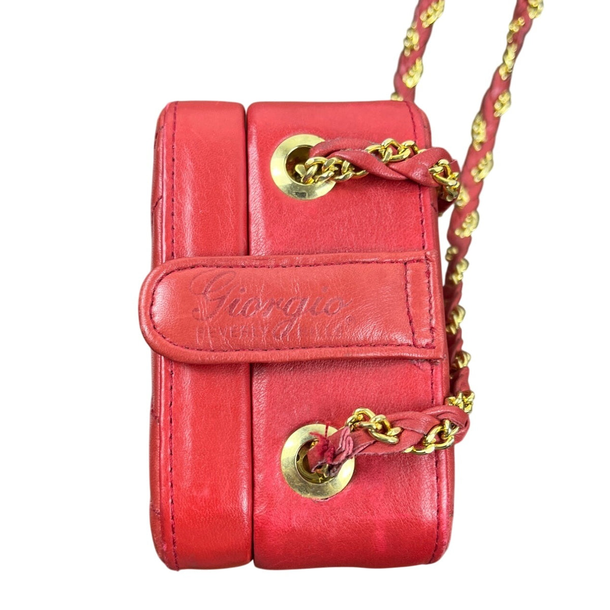 Giorgio Beverly Hills Red Quilted Leather Mini Crossbody Bag Gold Tone Details