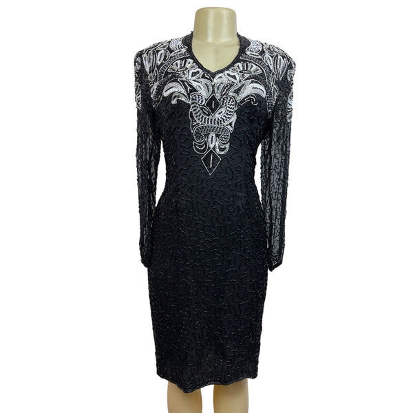 Sweelo Women’s Black & White Silk Sheath Dress Flowery Sequin Sz M