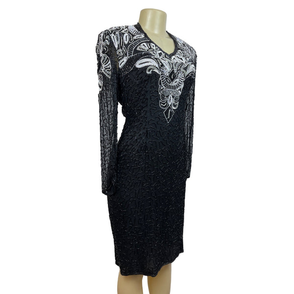 Sweelo Women’s Black & White Silk Sheath Dress Flowery Sequin Sz M