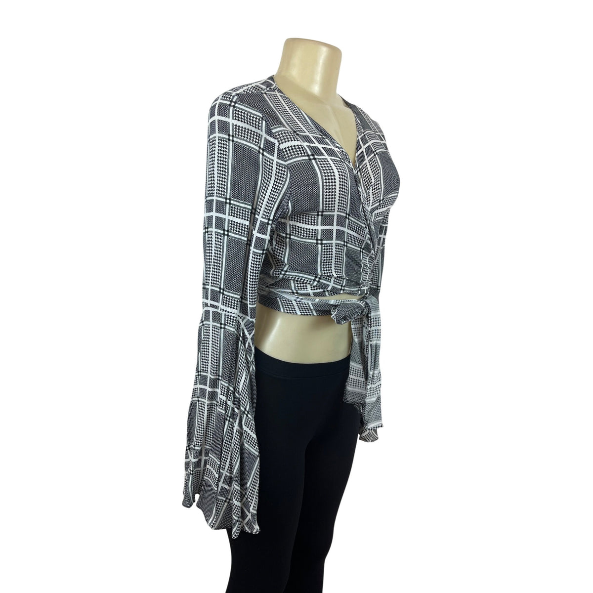 Audrey 3+1 Womens Black & White Tartan Long Sleeve Wrap Crop Top Sz S - New