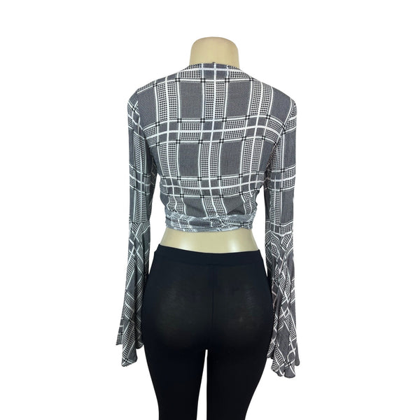 Audrey 3+1 Womens Black & White Tartan Long Sleeve Wrap Crop Top Sz S - New