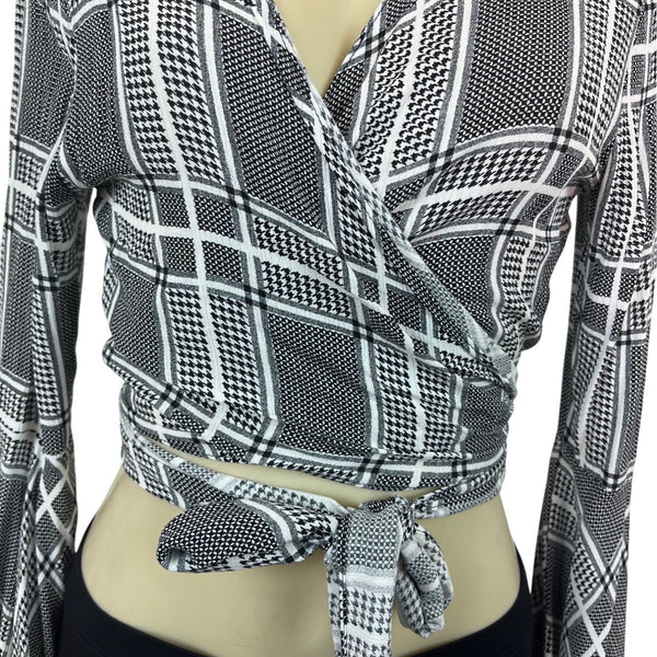 Audrey 3+1 Womens Black & White Tartan Long Sleeve Wrap Crop Top Sz S - New