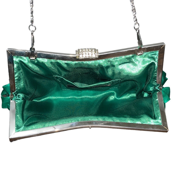 Lulu Townsend Women's Green Folded Ribbon Rhinestone Clasp Evening Clutch Sz M