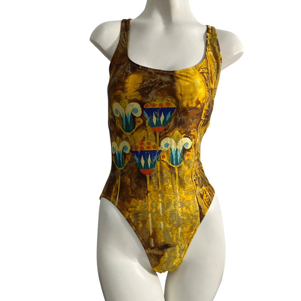 Vintage Gottex One-Piece Swimsuit Multicolors Padded Cups Sz 38 Art Deco Design