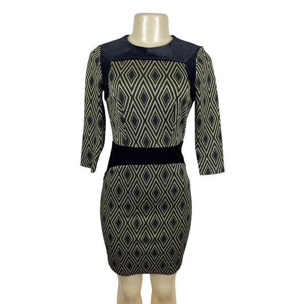 The Limited Black & Tan Diamond Pattern Dress 3/4 Sleeve Size 0