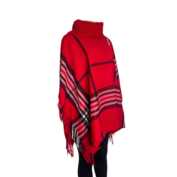 Talbots Women's Red Plaid Poncho With Fringe Hem & Turtleneck Sweater Sz M/L-NEW