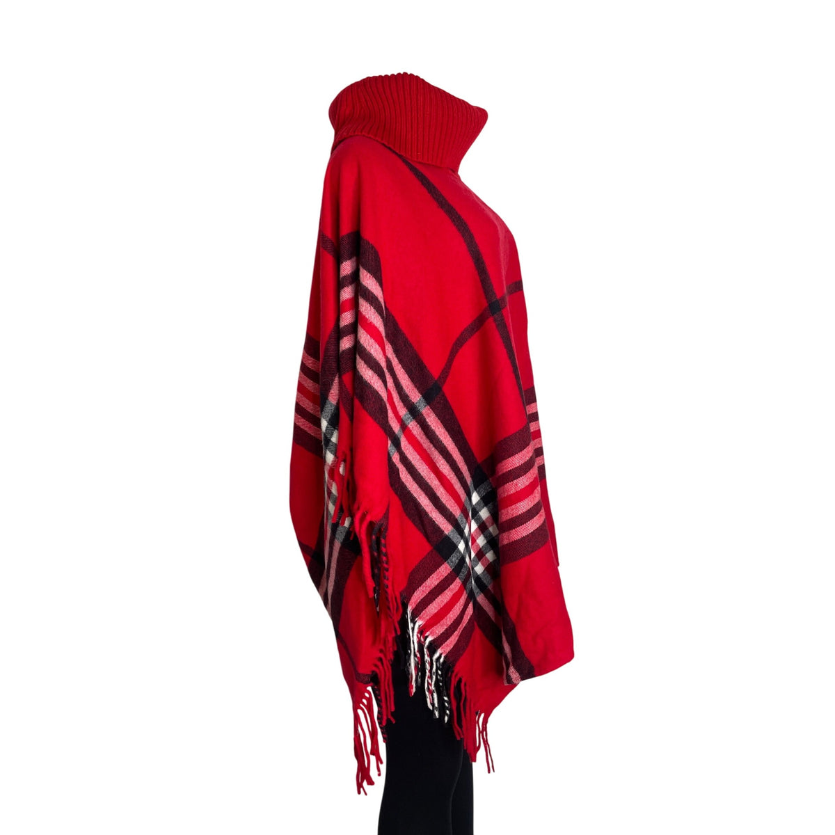 Talbots Women's Red Plaid Poncho With Fringe Hem & Turtleneck Sweater Sz M/L-NEW