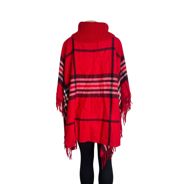 Talbots Women's Red Plaid Poncho With Fringe Hem & Turtleneck Sweater Sz M/L-NEW