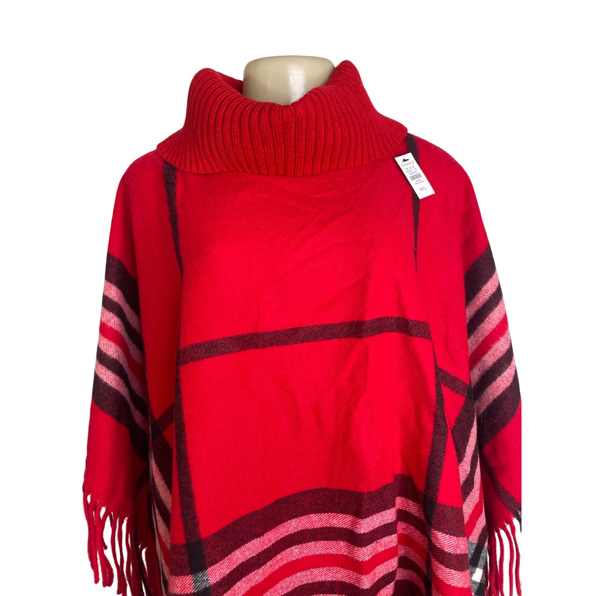 Talbots Women's Red Plaid Poncho With Fringe Hem & Turtleneck Sweater Sz M/L-NEW