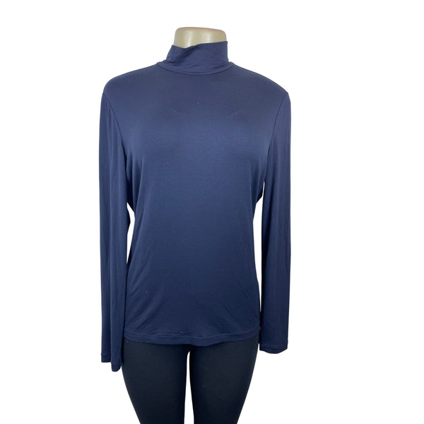 Lafayette 148 New York Navy Long Sleeve Mock Neck Top Size L