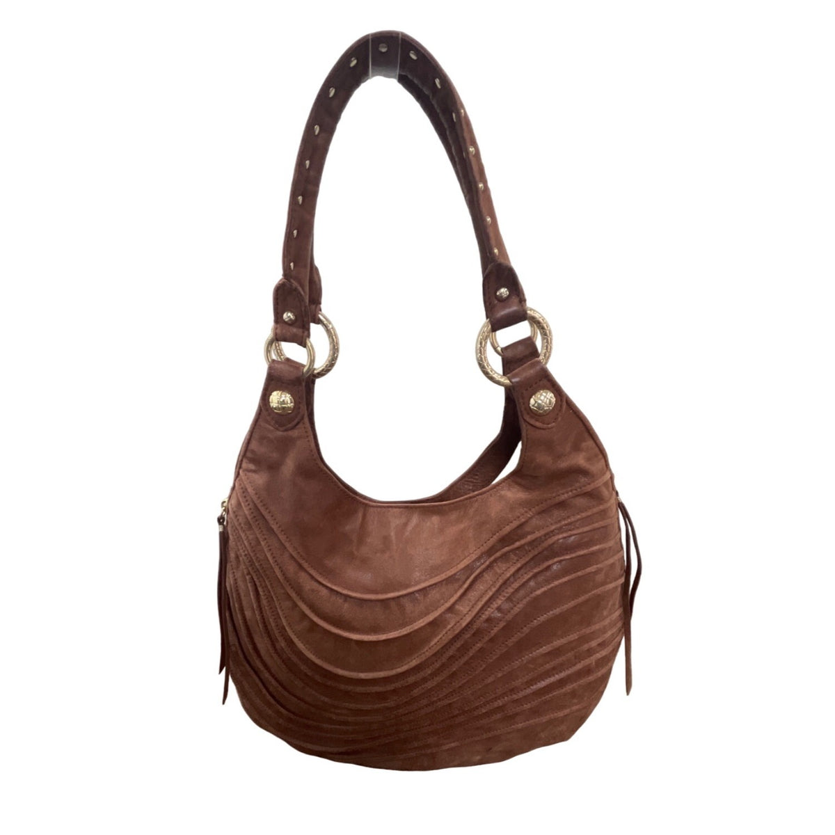 Elliott Lucca Brown Leather Hobo Bag With Ring Accents & Zippered Pocket Sz L