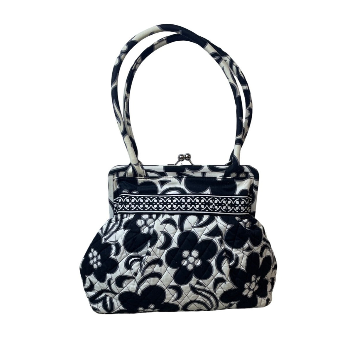 Vera Bradley Black And White Flowered Pattern Kiss Lock Women's Satchel Sz M