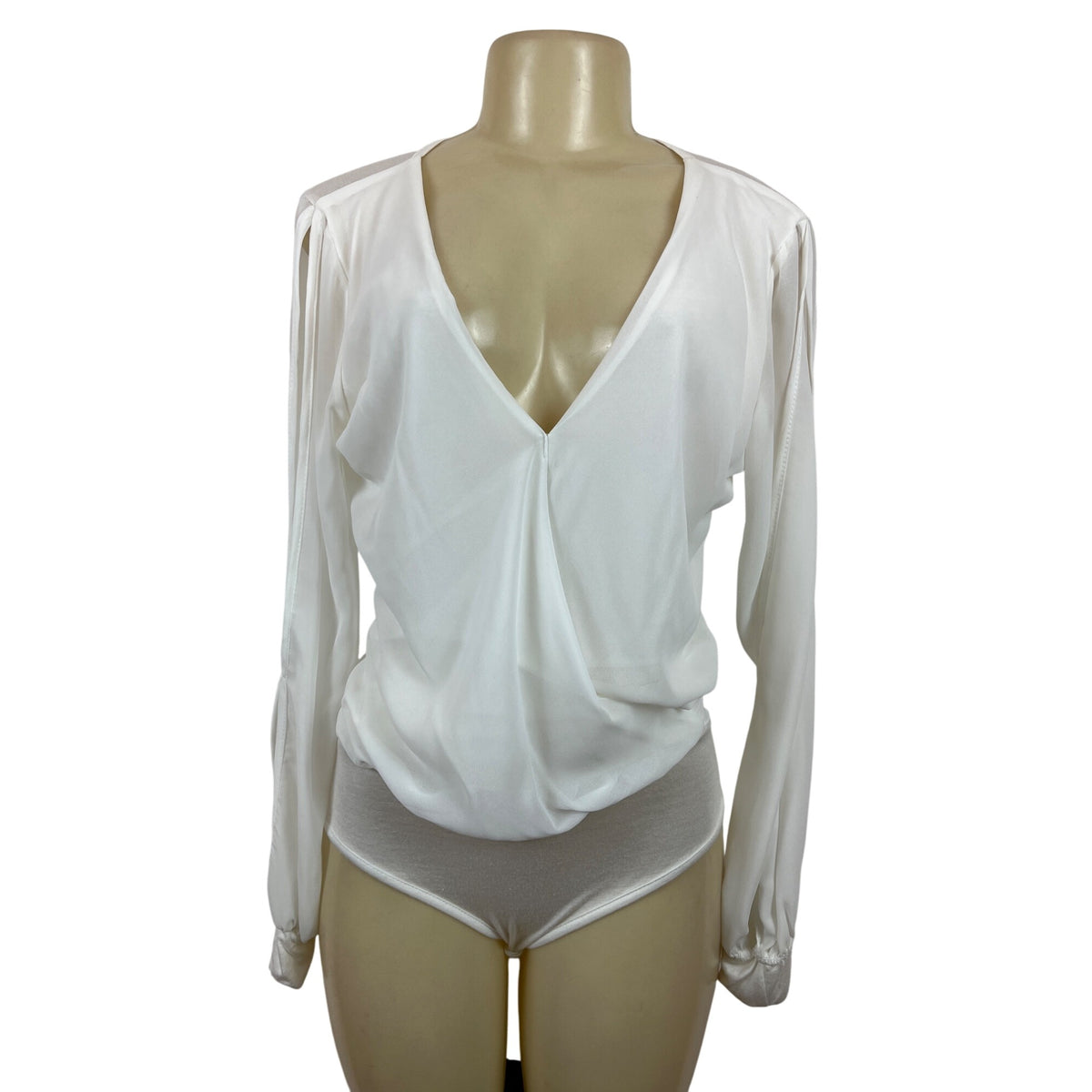 Arden B. Womens Long Sleeve V-Neck White Drape Top Sz S