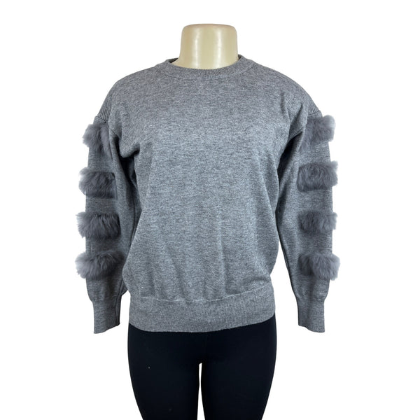 Daily Women's Gray Faux Fur Sleeve Trim Sweater Soft & Cozy Fabric Sz M/L