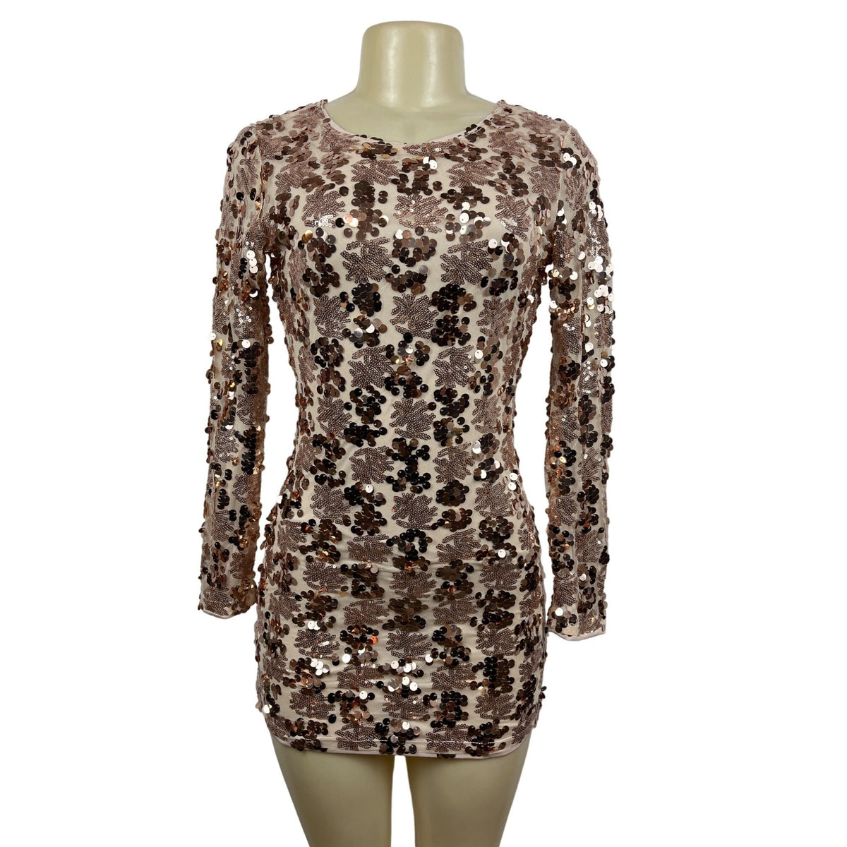 Shein Women’s Rose Gold Sequin Bodycon Long Sleeve Dress Sz XS