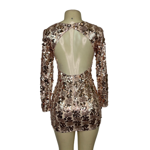 Shein Women’s Rose Gold Sequin Bodycon Long Sleeve Dress Sz XS