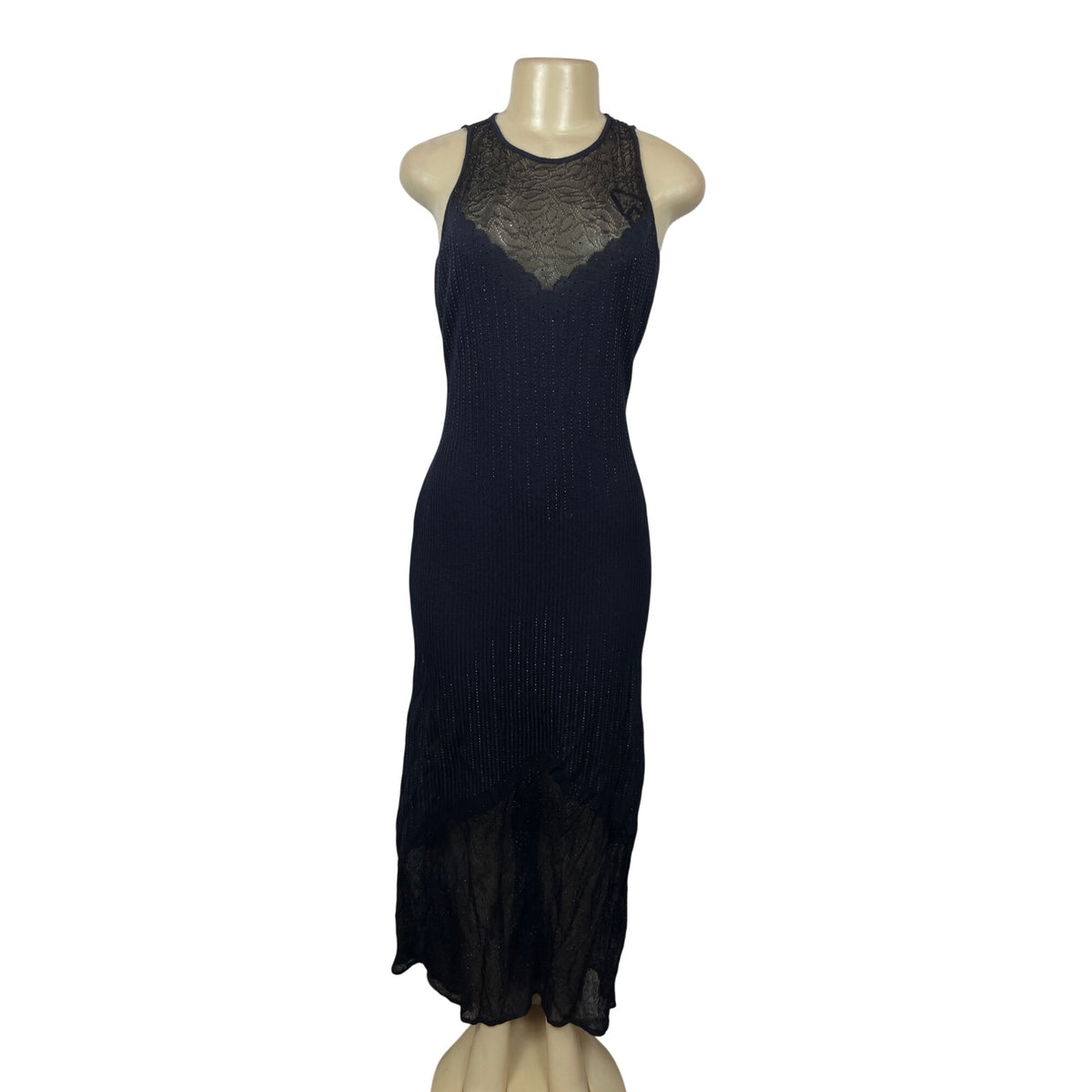 Black Sleeveless Long Evening Dress With Sheer Lace Yoke Ribbed Knit Sz S/M