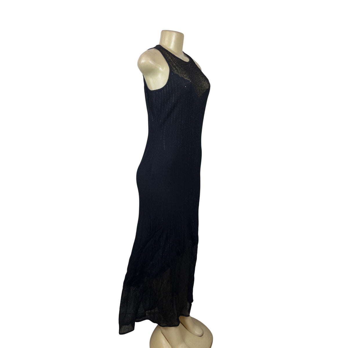 Black Sleeveless Long Evening Dress With Sheer Lace Yoke Ribbed Knit Sz S/M