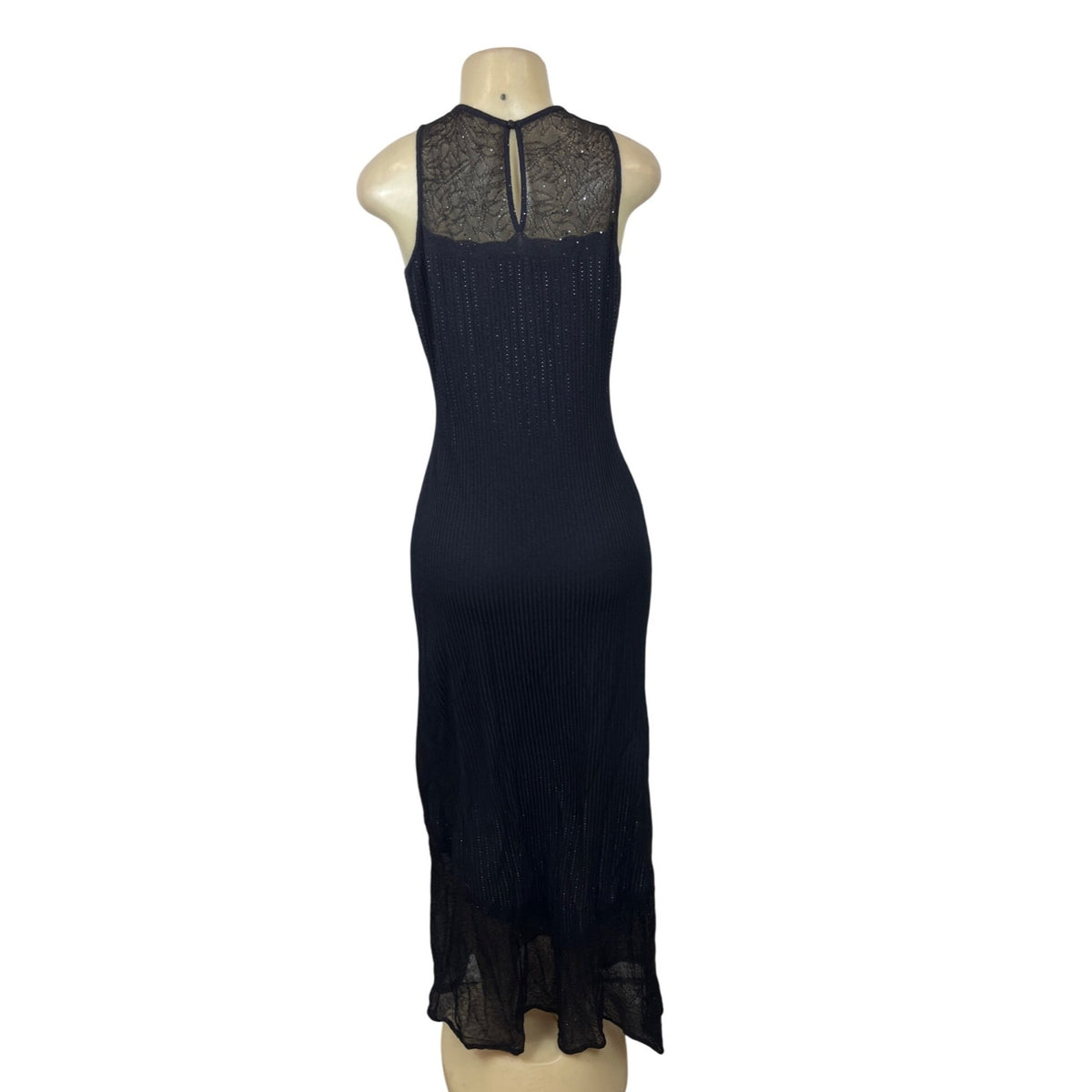 Black Sleeveless Long Evening Dress With Sheer Lace Yoke Ribbed Knit Sz S/M