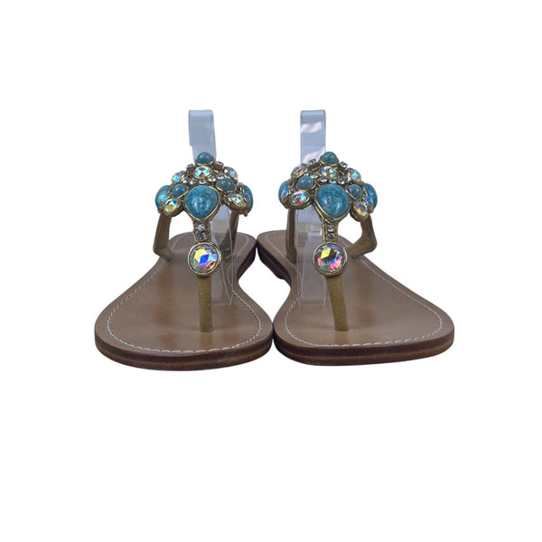 Mystique Gold & Turquoise Embellished  Bejeweled Thong Style Flat Sandals Size 9