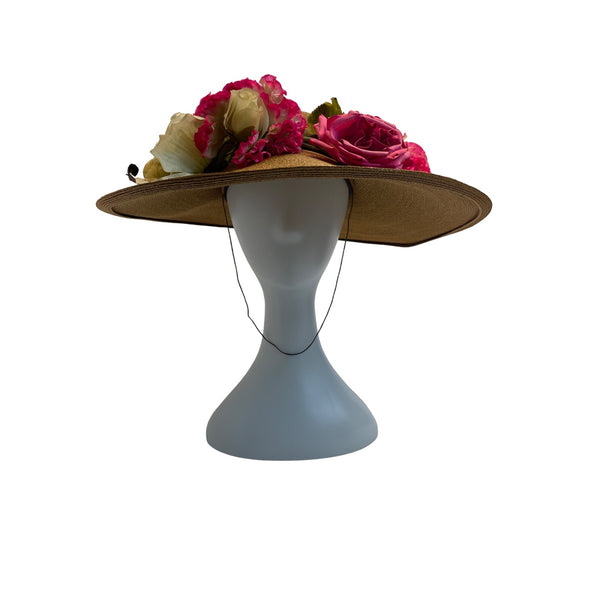 Wide-Brimmed Straw Hat With Pink & White Floral Accents