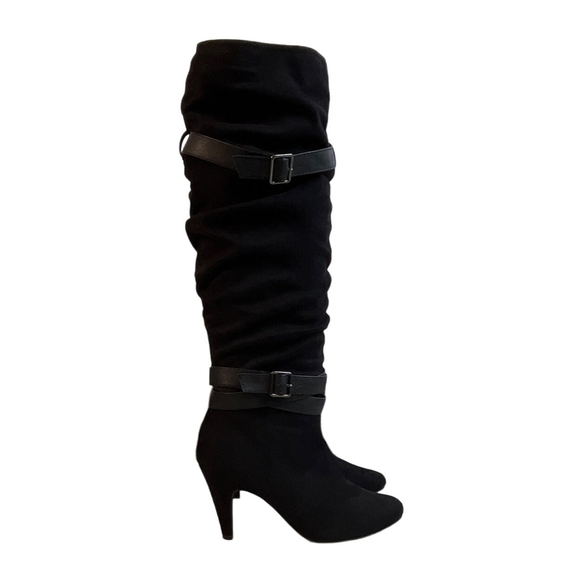 Venus Women's Black Slouching Suede Knee-High Heeled  Boots Sz 10