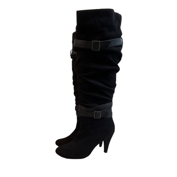 Venus Women's Black Slouching Suede Knee-High Heeled  Boots Sz 10