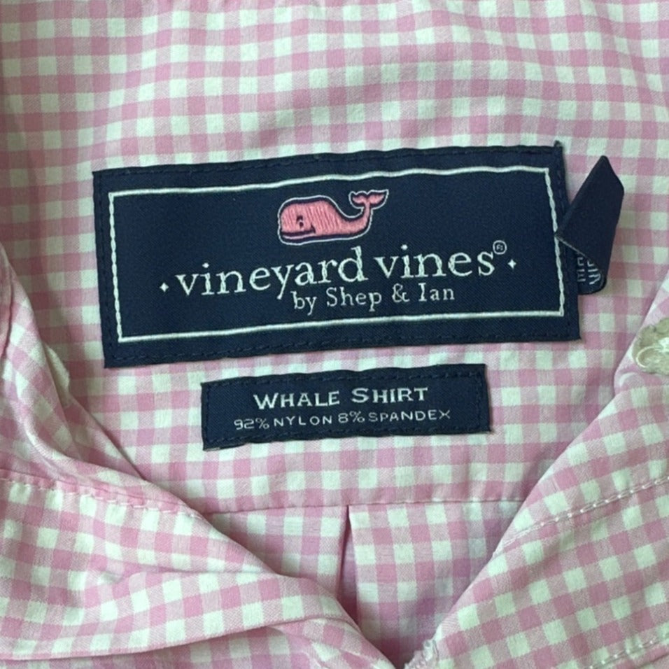 Vineyard Vines Boys Pink Gingham Whale Shirt Long Sleeve Sz 12-14